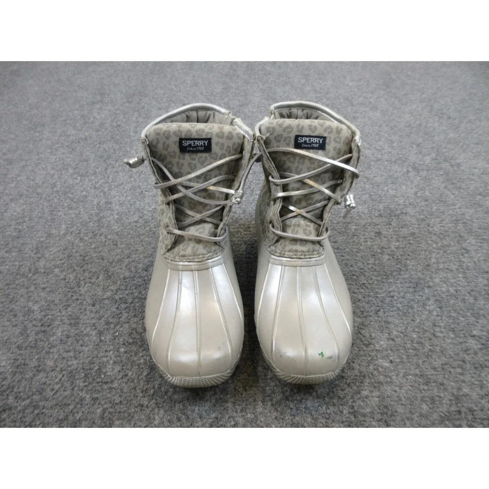 Sperry Saltwater Duck Boots Womens 6 M Silver Gray Zip Leopard Print